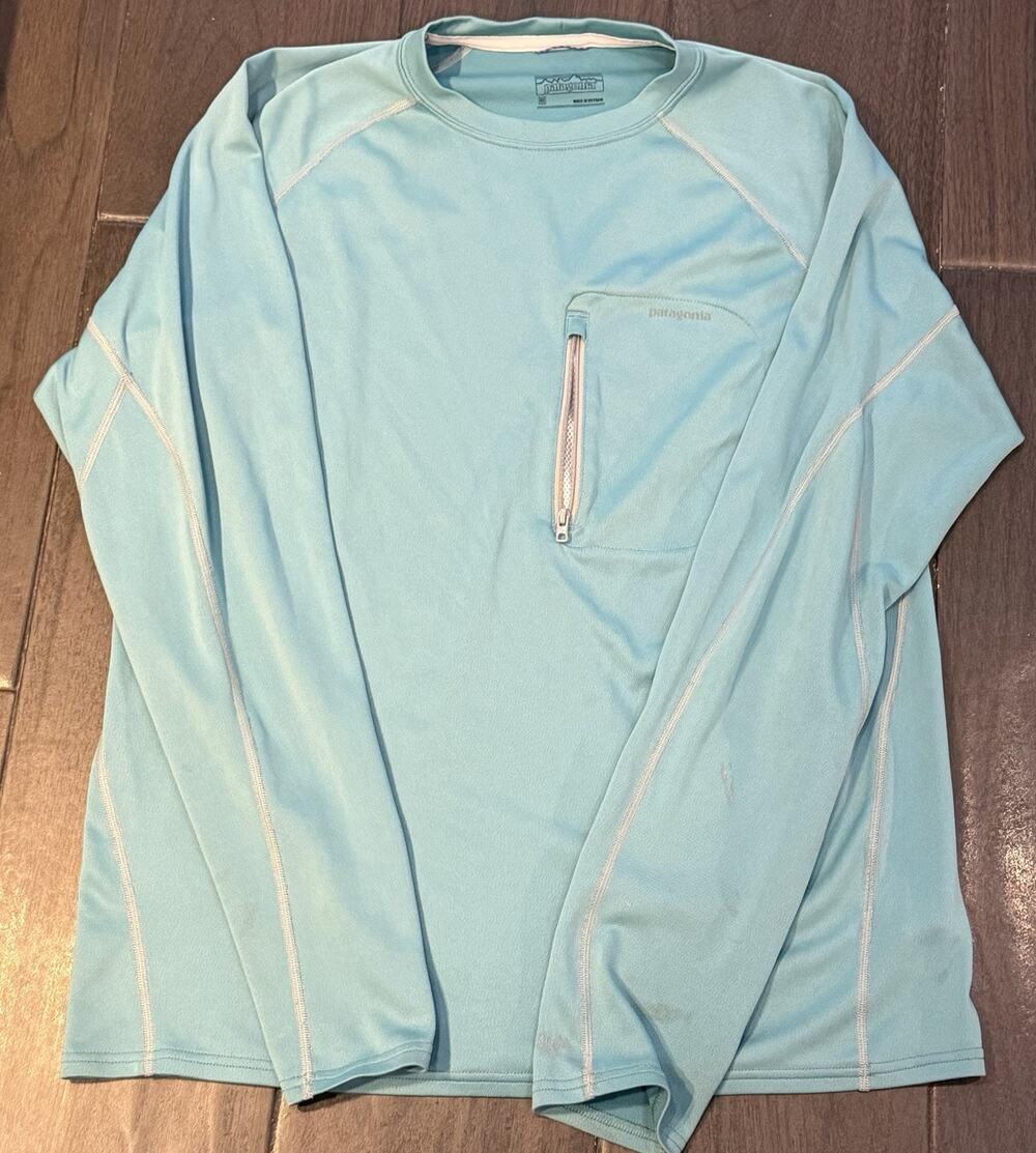 Patagonia Long Sleeve Shirt Mint Green Chest Zip Pocket Worn Wear Medium